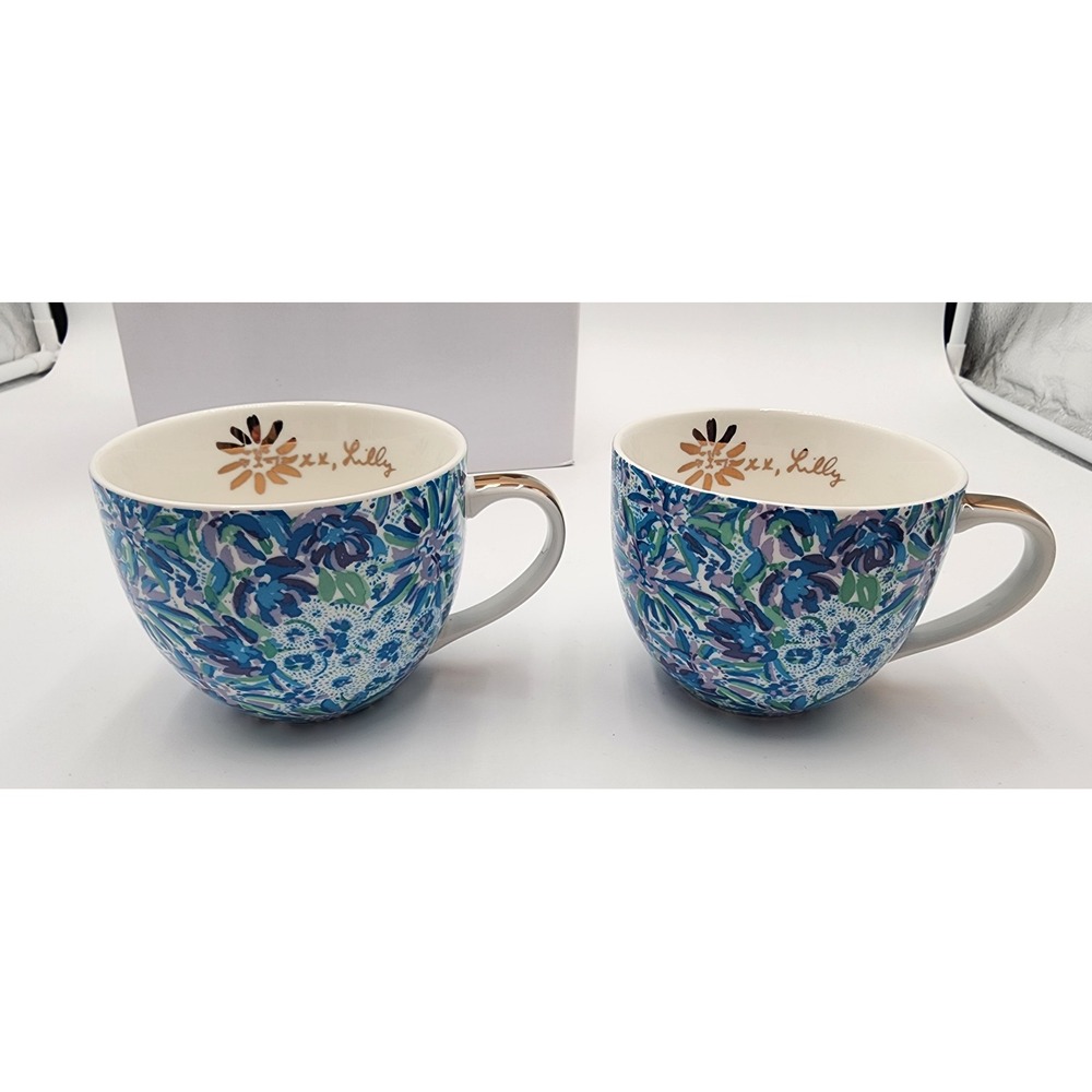Lilly Pulitzer‎ Coffee Mugs Set of 2 Floral Print Gold Handle New In Box Blue